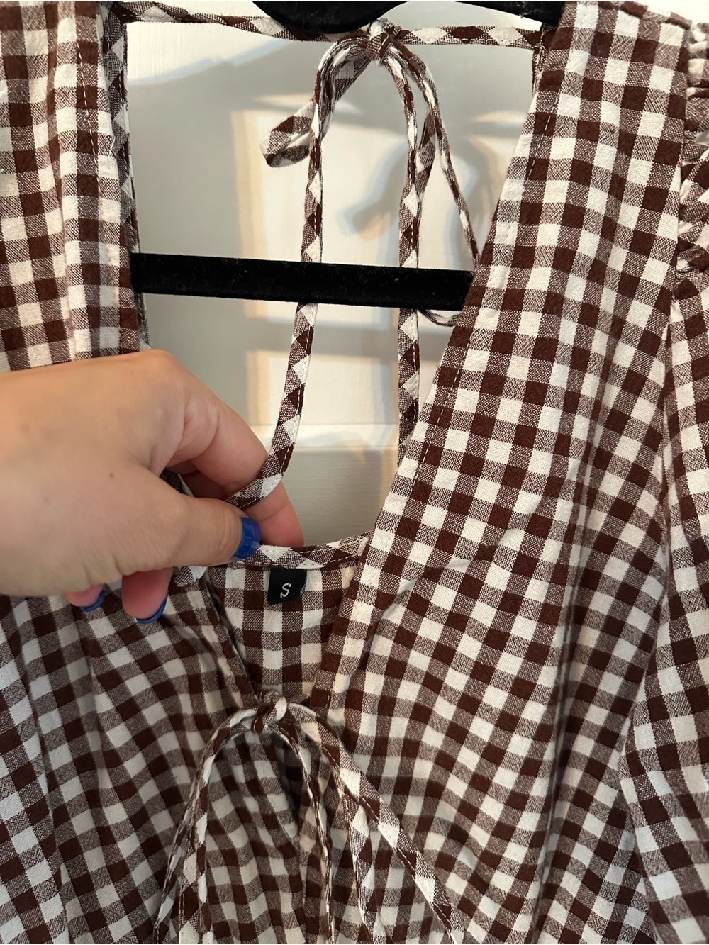 Gingham Tie-Front Mini Dress in Brown and White - Picture 4 of 6